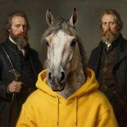 portrait horse-face Nightmarish Horse Man Warlock the Bobby Fischer camouflaged as a Pony wearing a yellow hoodie eyvind earle greg rutkowski edgar degas andrew wyeth giorgio de chirico