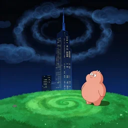 nightscape chubby cartoon concept art, skyscrapper over a grass spiral hill, from lorax movie, black blue green, spiral clouds, sam and max