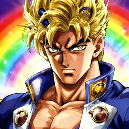 aesthetic anime man goes super saiyan in the style of jojo's bizarre adventure, ultrafine hyperrealistic detailed face illustration by kim jung gi, irakli nadar, intricate linework, sharp focus, bright colors, matte, octopath traveler, final fantasy, unreal engine highly rendered, global illumination, radiant light, intricate rainbow environment