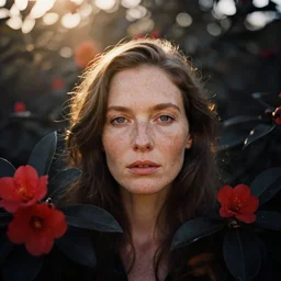 A head and shoulder frontal face portrait photography of a freckled woman surrounded by black dark leaves and red flowers by Annie Leibovitz. Golden hour. Kodak Color Plus 200 film. detailed. hq. realistic. Rembrandt light style. swirly bokeh. warm light. muted colors. lens flare. photoreal. Medium format photography. Leica M9.
