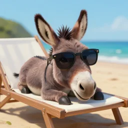 donkey with sunglasses lying on a beach sunbed ultra wide lens shot , tiny, small, short, cute and adorable, pretty, beautiful, art portrait, matte fantasy painting, DeviantArt Artstation, by Jason Felix by Steve Argyle by Tyler Jacobson by Peter Mohrbacher, cinematic lighting