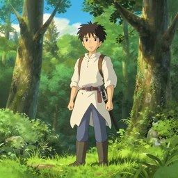 Inside a lush forest, bright sunny day, clear sky, fantasy, medieval, Patrick O'keefe style, Makoto Shinkai
