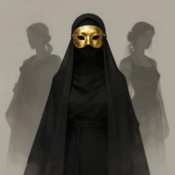 a silhouette dressed with a shroud wearing a golden mask, by jean delville and sophie anderson and mandy jurgens, composition, elegant, not cropped, extremely detailed, hd, masterpiece, artstation