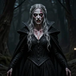 yennefer of vengerberg in sleepy hollow, full body, big two toned eyes, teeth gritted, horror, intricate details, cinematic, epic, realistic, anatomy, tomer hanuka, uplight, artstation, photorealistic, scary