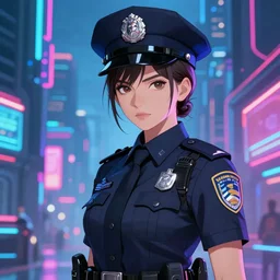 anime key visual of katherine mcnamara police officer, neon, cyberpunk, futuristic, stunning, highly detailed, digital painting, artstation, smooth, soft focus, illustration, art by artgerm and greg rutkowski and alphonse mucha