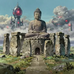 movie still from studio ghibli movie showing a highly detailed landscape with a giant buddha meditating on top of stonehenge. 1 9 8 0 s science fiction, 1 9 7 0 s science fiction, cyberpunk, misty, depth perception, 4 k
