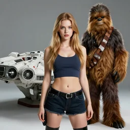 han solo as a sexy 3 0 year old woman, hyperreal, studio lighting, millennium falcon, chewbacca, trending on artstation