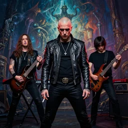 photorealistic album art for a speed metal band, bald lead singer with leader jacket, guitarist who smokes too many cigarettes, keyboard player with a normal, bassist is pretty normal dude, metal album art, fantasy matter painting background