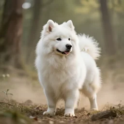 White fluffy dog, forest, dusty lighting, hyper realistic, volumetric light, octane render