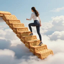 photo of a woman climbing stairs that are made of cookies rising over the clouds