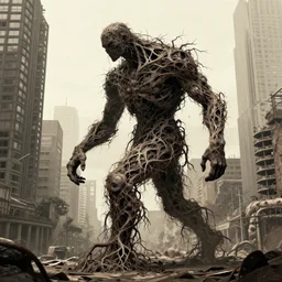 giant creature formed of roots walking on the city in the style of bersinsky