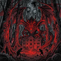 detailed landscape of a forest in hell by takeshi obata and mike mignola, hell, dragons!!, red and black!!, colored!!, abandoned building, forest, big trees with faces!!, scary faces, small demons!!, shadows screaming!!, night sky, highly detailed, cgsociety, artstation, pencil and ink, very detailed