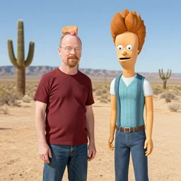 Walter white and Jesse pinkman in the style of beavis and butthead in a New Mexico desert