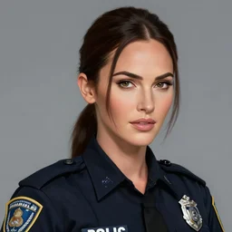 portrait of megan fox as police officer, uniform, intricate, headshot, highly detailed, digital painting, artstation, concept art, sharp focus, cinematic lighting, illustration, art by artgerm and greg rutkowski, alphonse mucha, cgsociety
