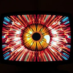 a detailed abstract photograph of an eye on a television screen, symmetry, mandelbulb fractal, 8 k, intricate lines, made of glass, vibrant, hyper realism, bold contrast