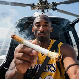 selfie of kobe bryant holding a giant rolled marijuana cigarette in a helicopter, smoke around him, 8k resolution, hyper detailed, shot in the air