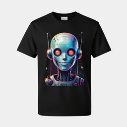 mockup of a black tshirt with a hyperdetailed portrait of a trippy cyberpunk robot, 8 k, symetrical, flourescent colors, happy mood, multicolored,