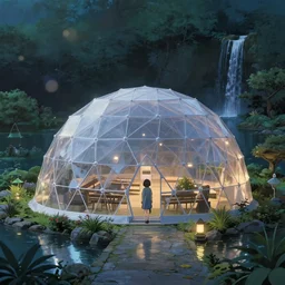 geodesic dome in front of a lake with gardens and waterfall gapmoe kuudere moody lighting stunning bokeh highlights sharp contrast trending pixiv fanbox by victo ngai makoto shinkai takashi takeuchi studio ghibli