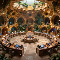 detailed futuristic utopian fantasy, futuristic natural beauty, artstation style, honeycomb halls, interior, futuristic government chambers, very large hall with many cubicles of desks and chairs arranged in circles, many computer screens, soft lamp illumination and multiple doorways, synthwave, futuristic utopian architecture