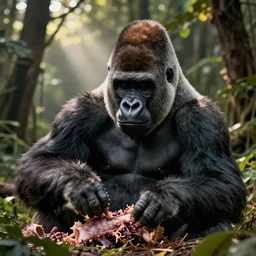 photograph of a gorilla that highly resembles joe biden, photographed by the national geographic, cinematic lighting, beautiful, photograph, joe biden in his natural habitat, joe biden eating carcass
