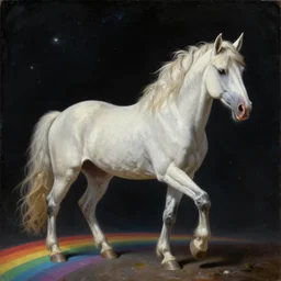 an oil painting of a unicorn walking on an rainbow in space, masterpiece, highly detailed, high quality, 4K, anatomically correct, hyperrealistic, concept art, octane render, unreal engine 5, trending on Artstation, trending on DeviantArt, matte, historical painting, fantasy style, path traced, high coherence, soft lighting