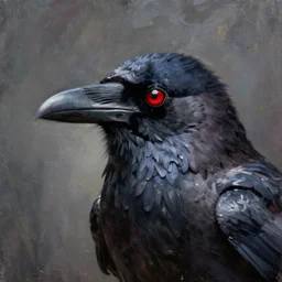 ominous dark crow with red glowing surveillance camera for an eye (detailed oil painting) (closeup) (profile)