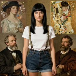a woman with black hair and long pixie haircut in shorts with suspenders and white t-shirt drawn by Alexandre Cabanel, norman rockwell, frank frazetta, Paolo Hayez, maler collier, peter paul rubens, alphonse mucha, gustav klimt 4k, unreal 5, DAZ, french noveau, trending on artstation, octane render, hyperrealistic