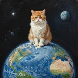 A grumpy cat sitting on the top of planet earth in space, oil painting
