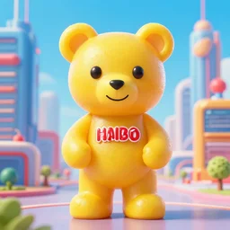 portrait of haribo bear in future city, color and shape focu
