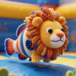 a closeup photorealistic photograph of a colorful knitted barracuda lion playing in a bouncy castle. intricate stitching. professional capture. brightly lit scene. this 4 k hd image is trending on artstation, featured on behance, well - rendered, extra crisp, features intricate detail, epic composition and the style of unreal engine.