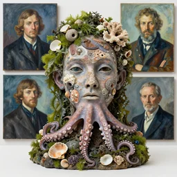 a sculpture portrait made of seaweed and coral and shells and octopus, painting part by wojciech siudmak, part by ilya repin, part by max ernst, part by norman rockwell, artstation