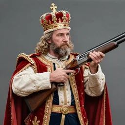 king holding a shotgun, crown, royal, shotgun by justin gerard, masterpiece, stunning, beautiful composition