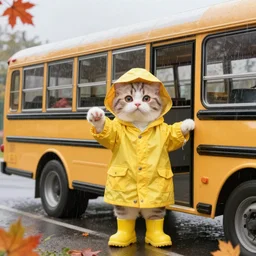 a cute kitten wearing a yellow raincoat and yellow boots getting on the school bus on the first day of kindergarten, with colorful fall leaves and light rain