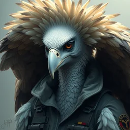 epic professional digital art of female human - white - rumped vulture hybrid animal wearing air force jumpsuit, feathered head, owl beak, painting, by lisa roet, reyna rochin, iris van herpen, leesha hannigan, artstation, cgsocietywlop, epic, much wow, much detail, gorgeous, detailed, cinematic, masterpiece