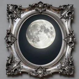 the full moon in a big, rococco style silver mirror, detailed, high resolution, award winning photo