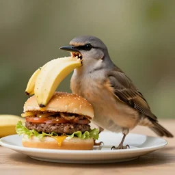 bird with teeth of hamburgers eating a banana