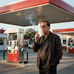 saul goodman smoking in front of a gas station