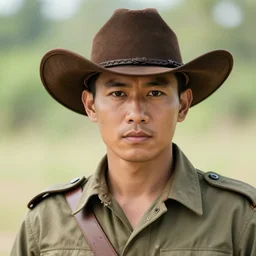 smart thai ww 2 hunter in armed, close - up portrait, with cowboy hat, safari suite