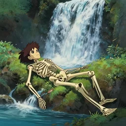 beautiful still of a skeleton laying near a waterfall, magical, fantasy, digital art, studio ghibli