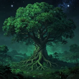 matte scene by artstation : world tree with branches in the stars and roots in the underworld, vast, epic, starry, lush, greenery, cinematic color scheme