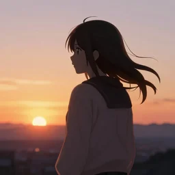 anime girl facing the japanese sunset, extreme back lit