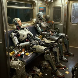 cyberpunk detail painting of humanoid robots sleeping in subway car full of garbage, dramatic lighting, highres textures, strong volumetric lighting, strong subsurface scattering, scifi movie from weta digital, ilm, digital domain, by brian froud, by stan stalenhag, raytracing