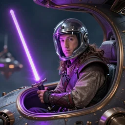 Cyberpunk Mark Zuckerberg as a long haired medieval pilot wearing a transparent  helmet while holding a purple lightsaber  inside  a medieval  spaceship, by Diego Velázquez