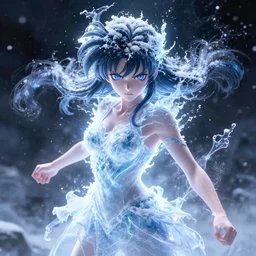 photorealistic full shot of masterpiece angry anime girl, beautifull lovely eyes, posing, electric aura with particles, snowing frozen ice, darkness background, inspired by masami kurumada, akira toriyama, detailed, unreal engine 4 k, volumetric light, fog