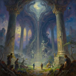 beautiful vivid dangerous alien landscape with evil looming with giant greek columns, by roger dean, by anton fadeev, by albert bierstadt, magical realism, oil on canvas, soft render, octane, artstation