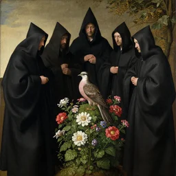 a group of cloaked figures surround a bird on top of flowers, by Jan van Eyck