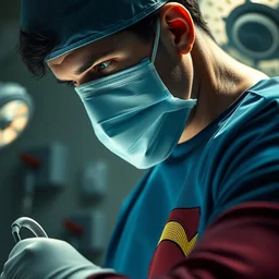 a closeup photorealistic photograph of superman doctor prepping for surgery. hospital setting. face mask. fine detail. this 4 k hd image is trending on artstation, featured on behance, well - rendered, extra crisp, features intricate detail, epic composition and the style of unreal engine.
