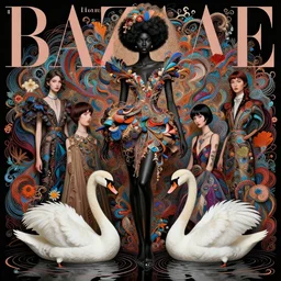 pretty black model with swans : : by martine johanna and simon stalenhag and chie yoshii and casey weldon and wlop : : ornate, dynamic, particulate, rich colors, intricate, elegant, highly detailed, vogue, harper's bazaar art, fashion magazine, smooth, sharp focus, 8 k, octane render,