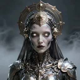 a close up sci fi horror quarter - length portrait of an elegent undead priestess with an ornate mandala headdress and wearing sci fi armor, cinematic lighting, smooth, high detail, glowing eyes, studio quality, unreal engine, octane render, by vitaly bulgarov artstation, by alexandros pyromallis, fog volumes, metal panels, greeble detail, cgsociety