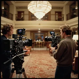 close up cinematography of the overlook hotel's lobby from stanley kubrick's 1 9 8 0 film the shining, inside the soundstage set for the overlook hotel interior shot on 3 5 mm eastman 5 2 4 7 film by the shining cinematographer john alcott shot on a 1 8 mm cooke panchro lens with golden ratio composition